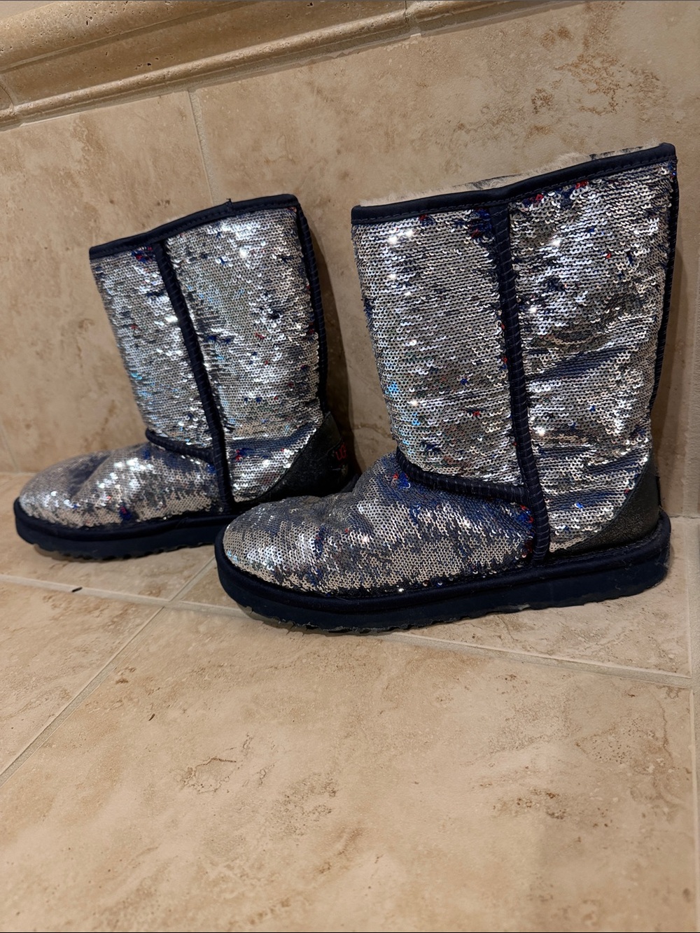 UGG Kids Silver Sequin Boots with Navy Trim
